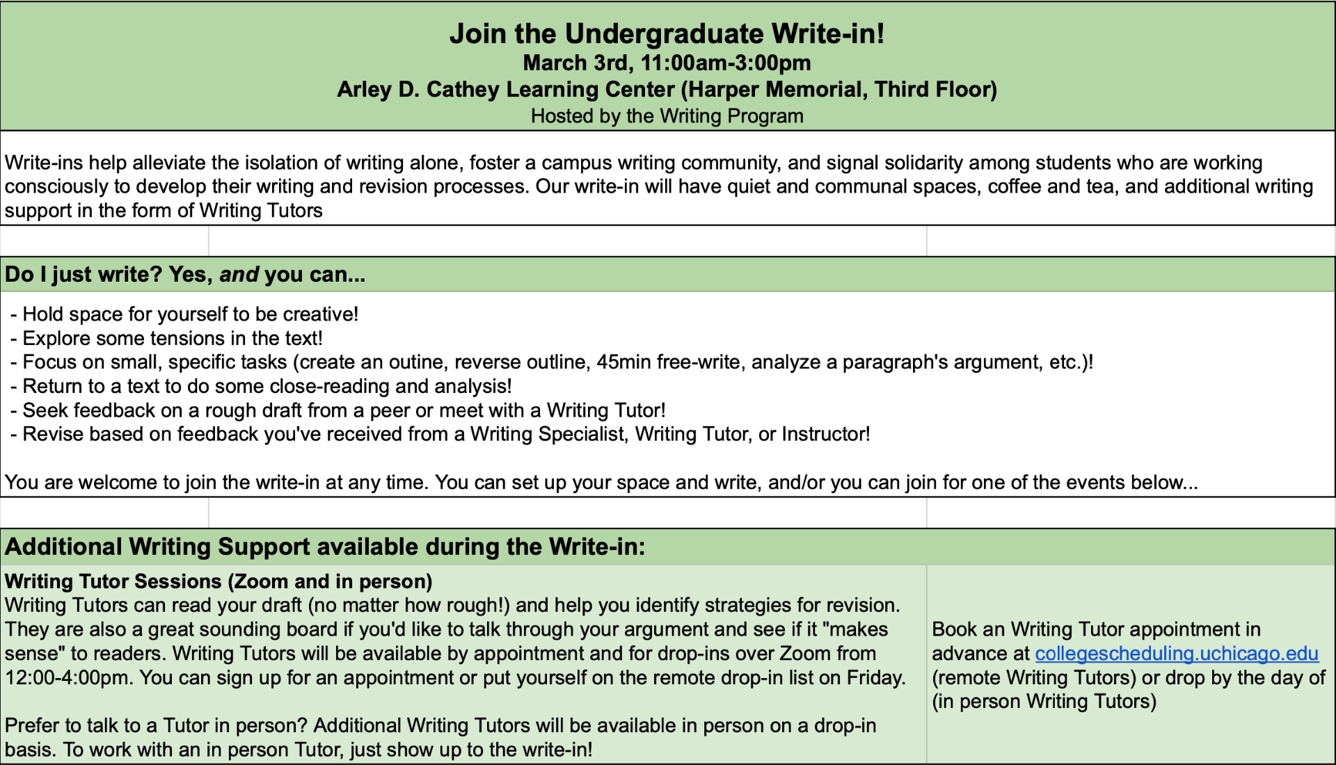 Undergraduate Write-In Information: Friday, March 3rd, 11:00am-3:00pm